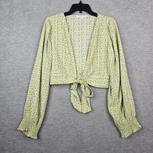 More To Come Marlene Tie Front Women's Green Floral Printed Shirt Sz L